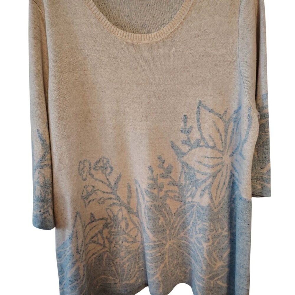Soft Surroundings 3X Tunic Top Sweater Gray Light Blue Flower 3/4 Sleeve